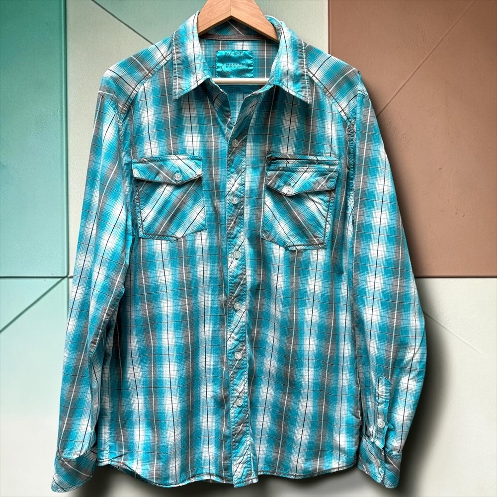 Modern Culture Mens XL Turquoise Plaid Button Down Shirt Long Sleeve Zip Pocket